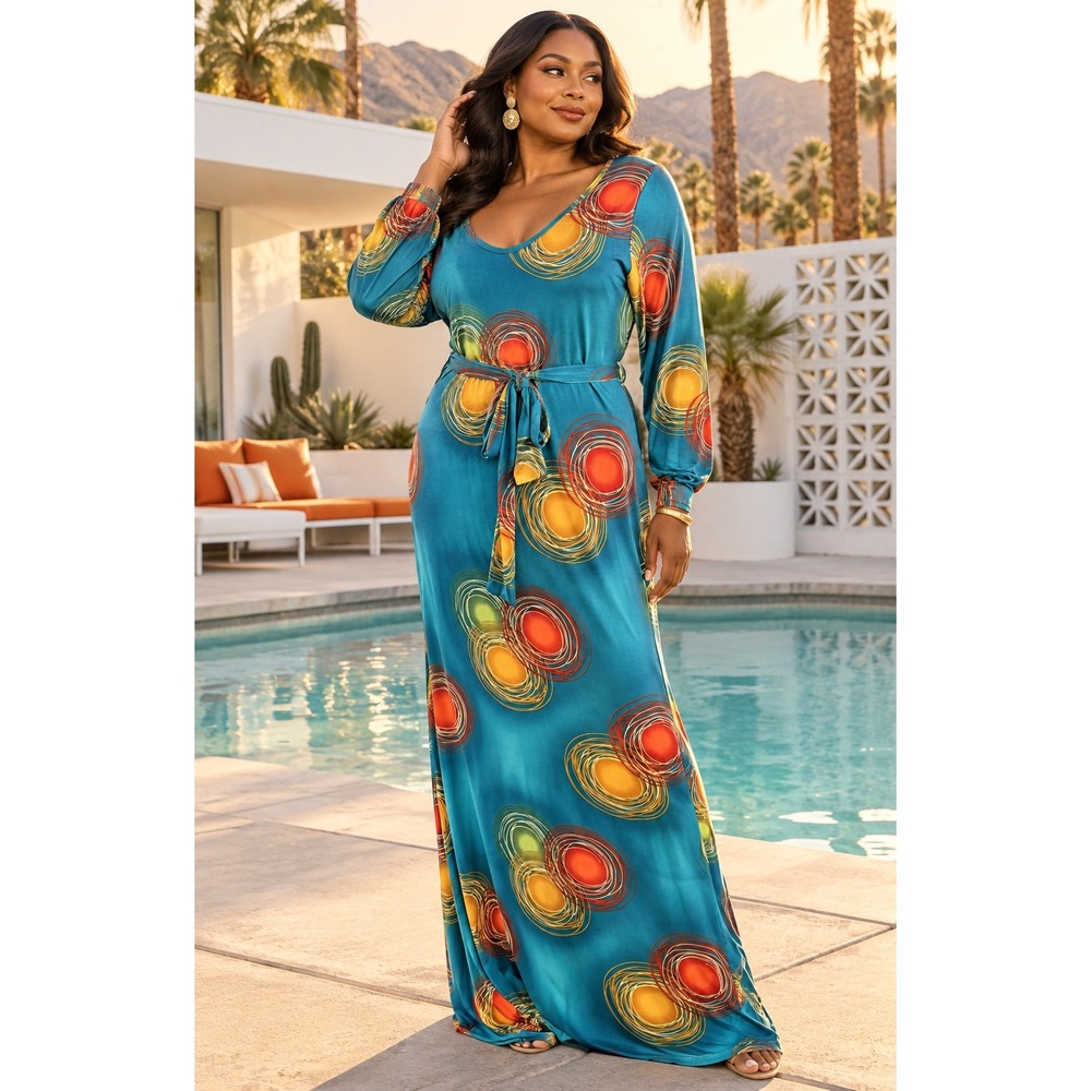 Sexy Diva Teal Geometric Circle Print Maxi Dress 1XL Retro Maximalist Artsy Boho